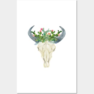 Bull skull with cacti crown - hand painted watercolor Posters and Art